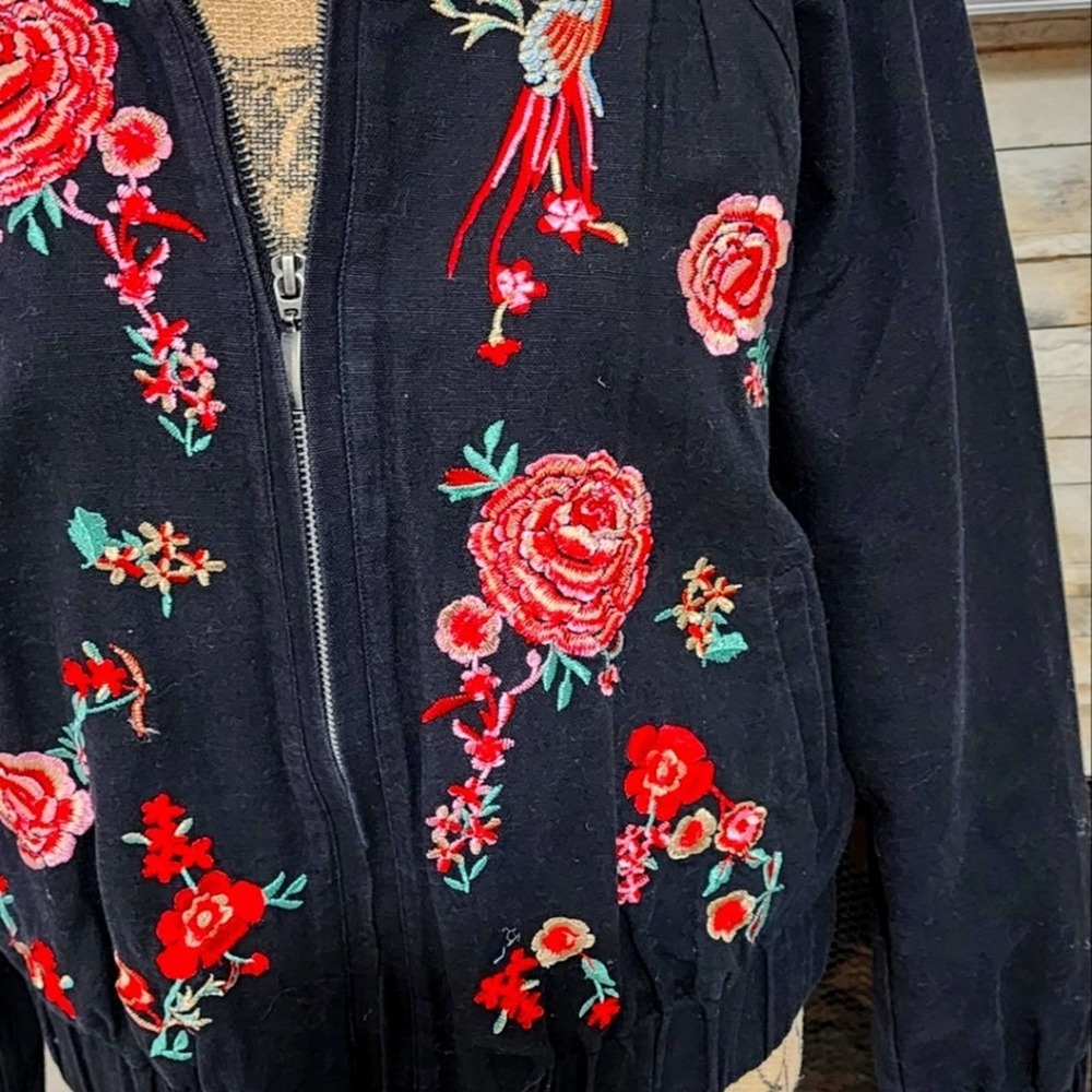 New York & company vintage embroidered floral pheasant bird bomber jacket size L - Picture 2 of 9